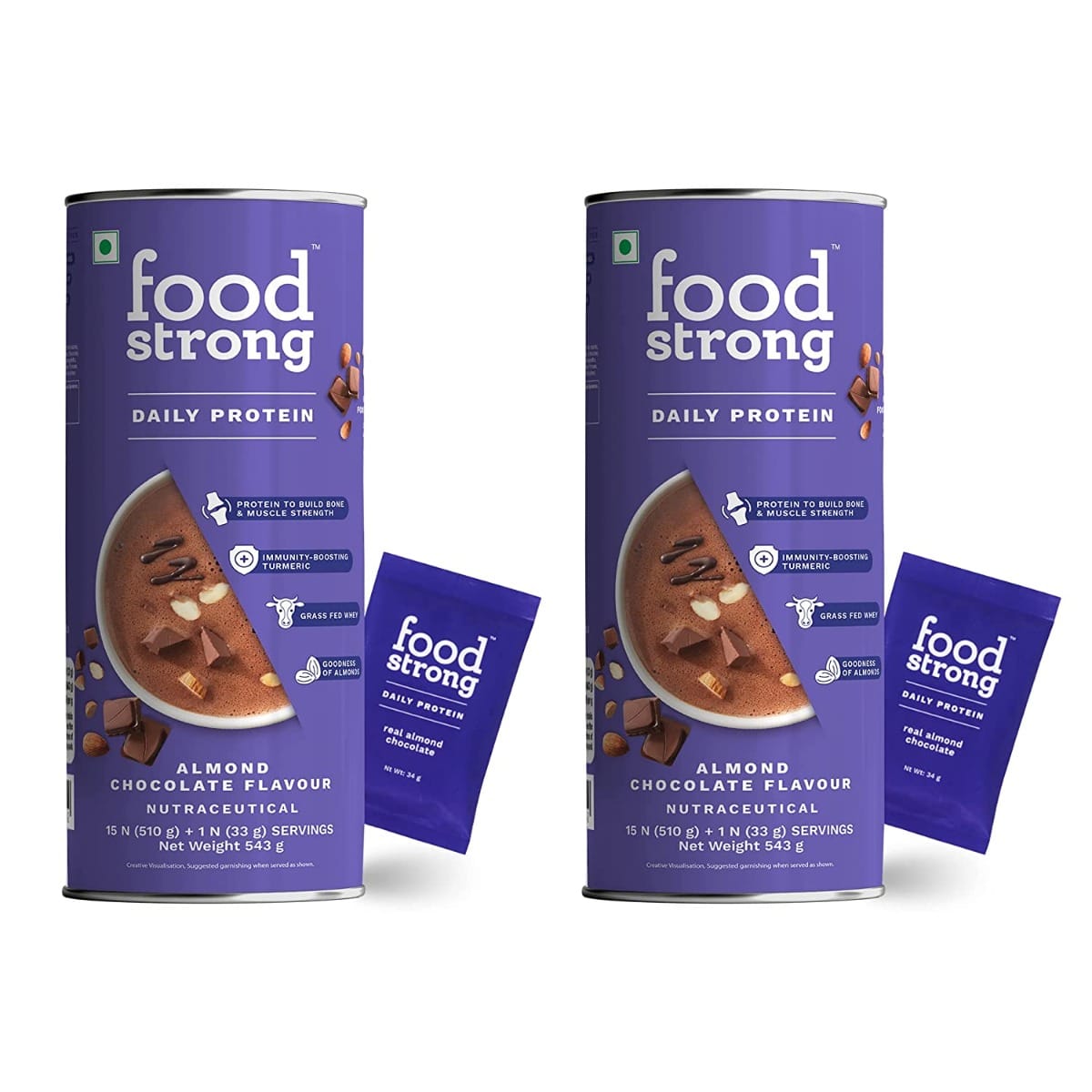 Foodstrong Whey Protein Powder, Grass-fed, 100% Whey, Daily Protein Almond Chocolate Flavour, 25.8g Protein, With Turmeric, Green Tea, Ashwagandha & Digestive Enzymes, 16 sachets, 543g | Pack of 2