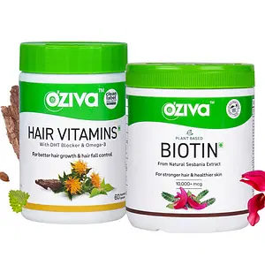 OZiva Hair Vitamins with DHT & Omega-3, 60 Capsules + Plant Based Biotin Powder, 125g with Amla for Hairfall Control & Better Hair Growth, Combo Pack