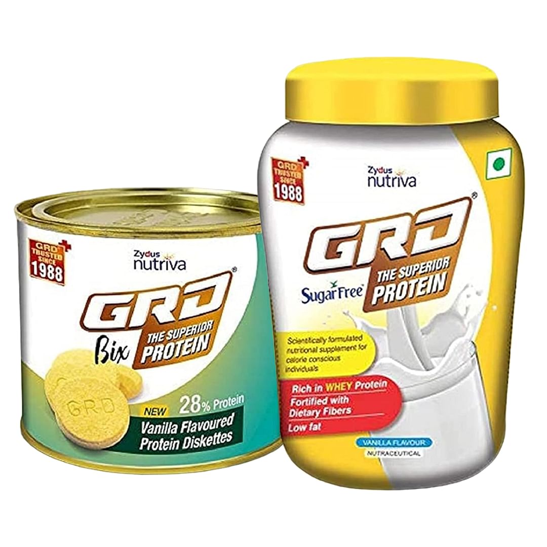 

GRD Bix Vanilla Flavoured High protein biscuits with Immuno Nutrients, 250g & Sugarfree - Low Fat, Superior Whey protein powder with 26 Essential N...