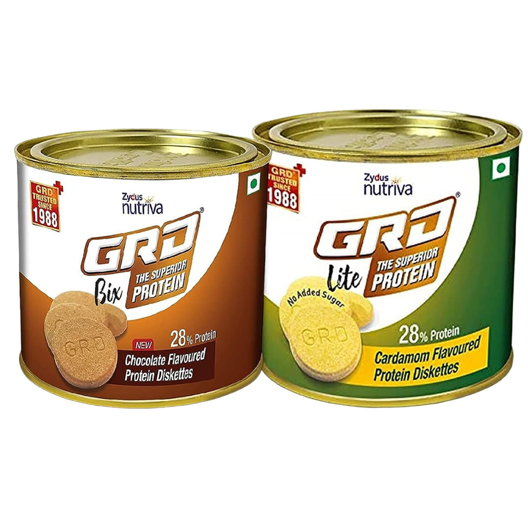 

GRD Bix Chocolate Flavoured High protein biscuits with Immuno Nutrients, 250g & Lite Cardamom Flavoured Nutrient-rich protein biscuits with Zero Ch...
