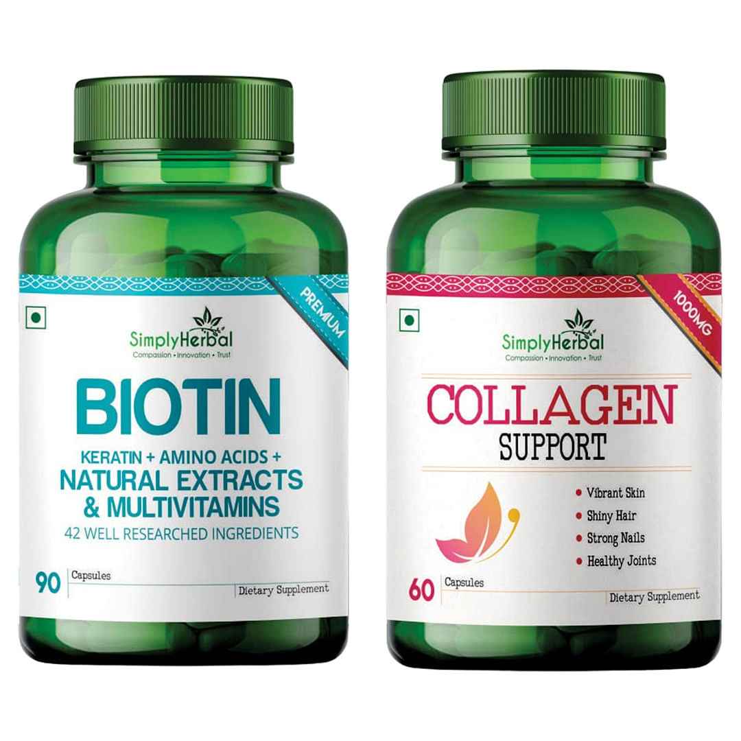 

Simply Herbal Natural Biotin + Collagen Builder Supplement Capsules for Natural Glowing Skin Face & Hair Health Also Promote Bone Joint Health