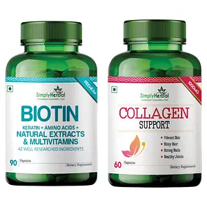 Simply Herbal Natural Biotin + Collagen Builder Supplement Capsules for Natural Glowing Skin Face & Hair Health Also Promote Bone Joint Health