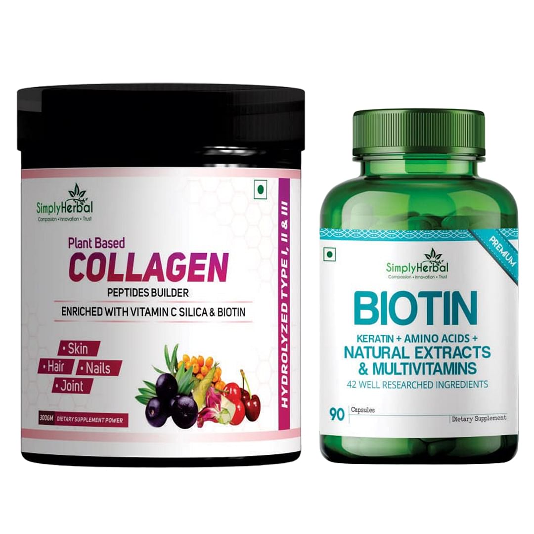 

Simply Herbal Collagen Powder + Biotin Capsules Natural Peptide Builder Powder With Biotin Extract Capsules for Skin Hair Nail Health for Men Women...