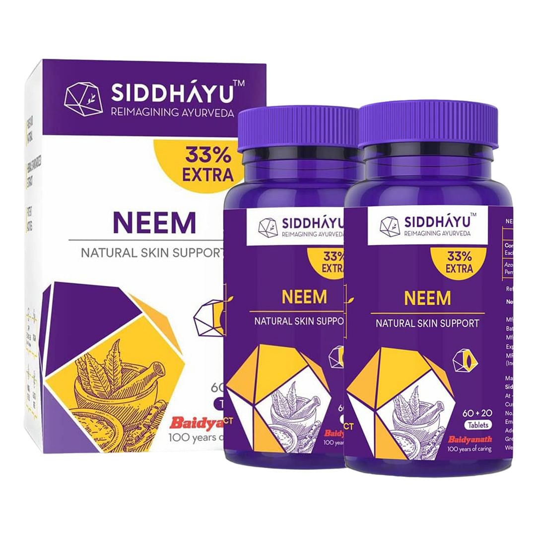 

Siddhayu Neem Tablet (From the house of Baidyanath) | Natural Skin Support | Blood Purifier | Anti Acne and Pimples | (60 + 20 Tablets Free) - Pack...