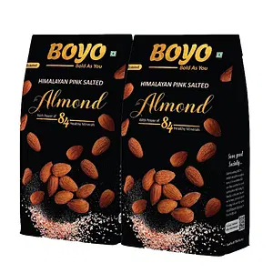 BOYO Roasted Almonds 400g (2 x 200g) - Himalayan Pink Salted Badam, Healthy Roasted Snack, Oil Free, Non Fried, Gluten Free & 100% Vegan