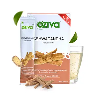 OZiva Organic Plant Based Ashwagandha Fizzy Drink, Jeera Flavour, 15 sachets (with Cumin, Ashwagandha Extract) for Energy, Stress Management, Helps with Memory and Cognition, Strength & Endurance