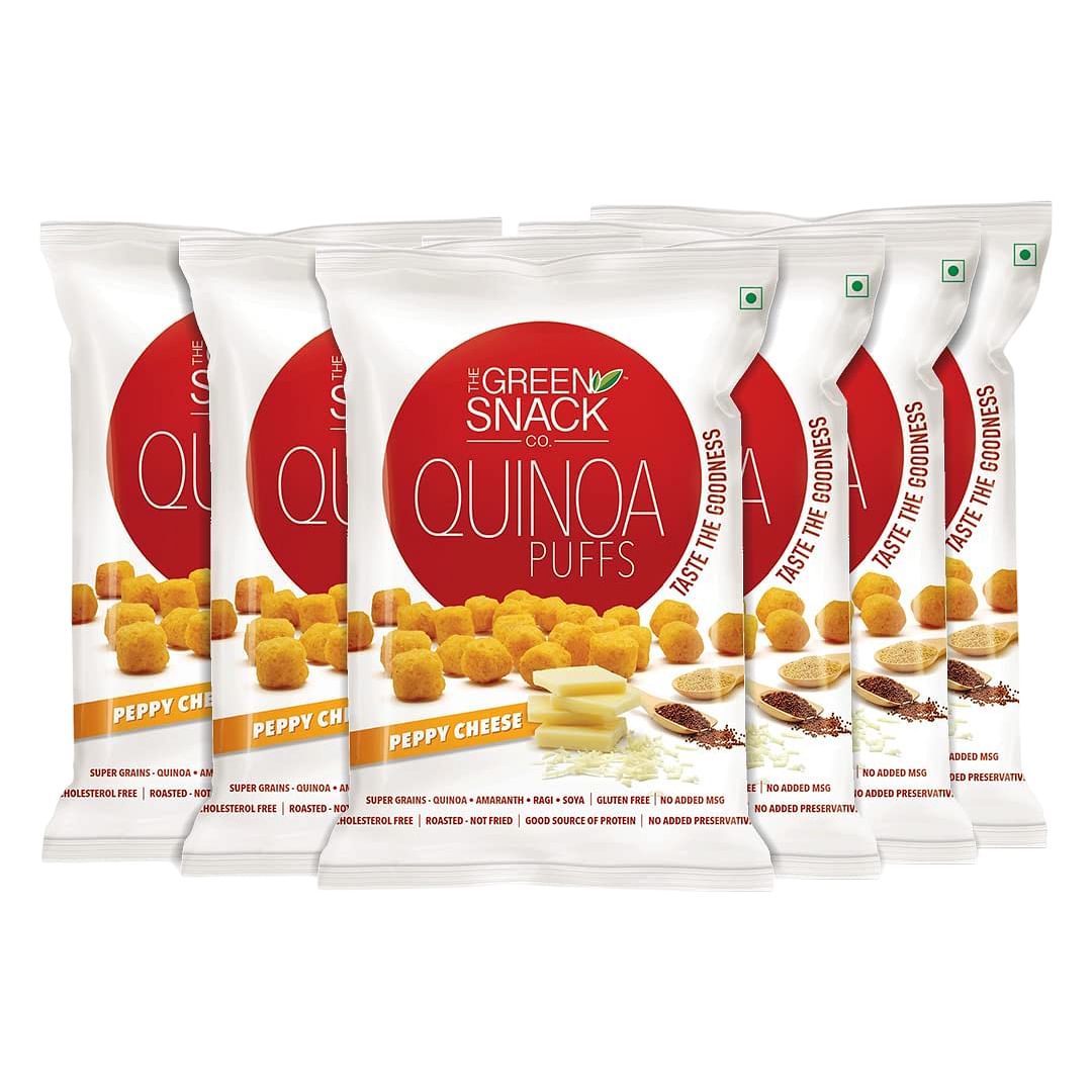 

The Green Snack Co. Quinoa Puffs Peppy Cheese (Pack of 6, 50g Each) | 100% Roasted Healthy Snack | Packed with Quinoa, Ragi, Soy & Amaranth | Party...