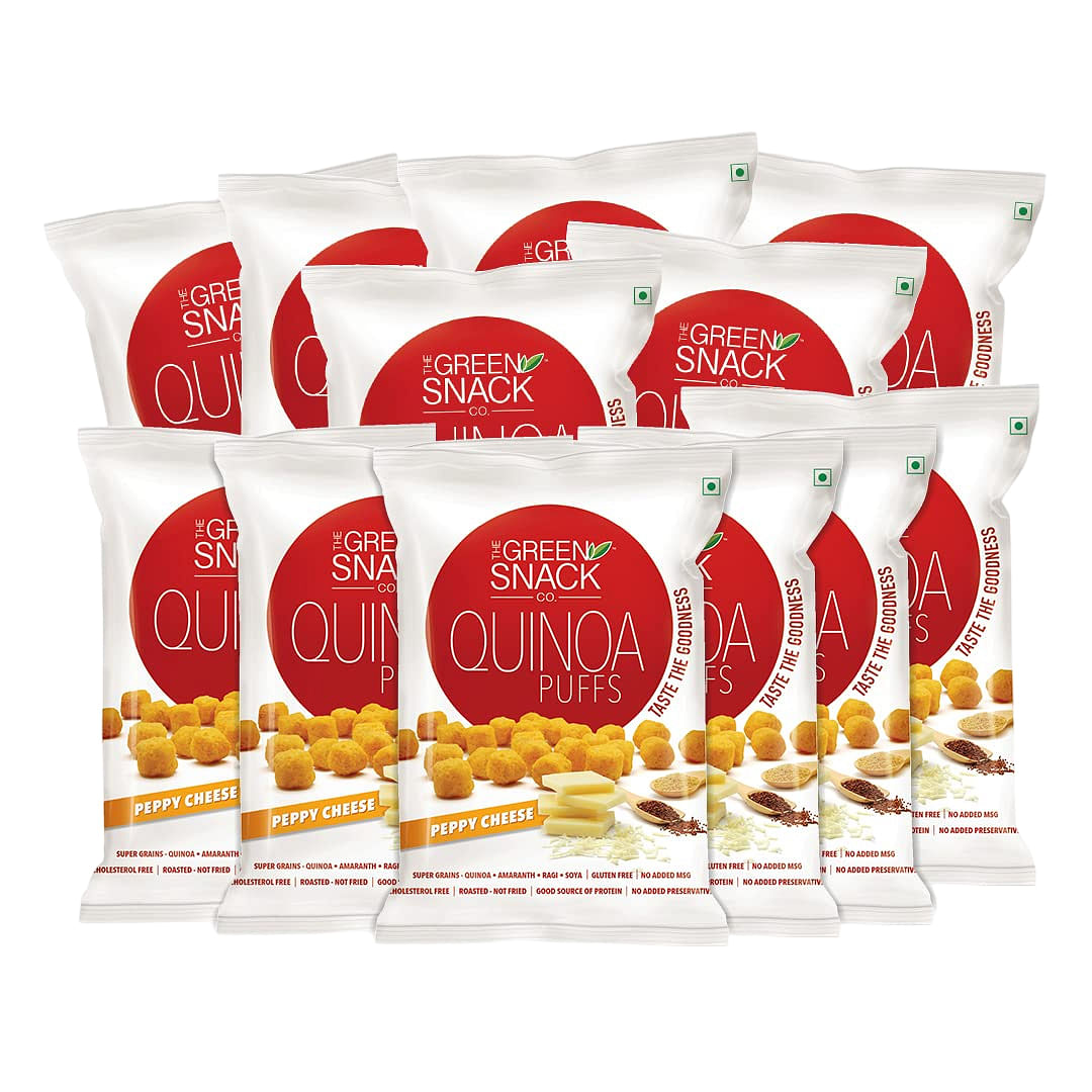 

The Green Snack Co. Quinoa Puffs Peppy Cheese (Pack of 12, 50g Each) | 100% Roasted Healthy Snack | Packed with Quinoa, Ragi, Soy & Amaranth | Part...