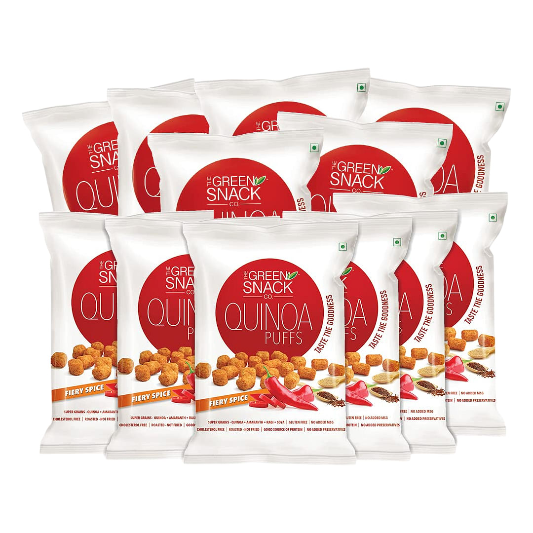 

The Green Snack Co. Quinoa Puffs Fiery Spice (Pack of 12, 50g Each) | 100% Roasted Healthy Snack | Packed with Quinoa, Ragi, Soy & Amaranth |Party ...