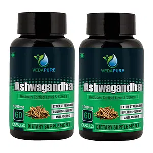 VEDAPURE Ashwagandha ( Withania Somnifera ) General Wellness Veg Capsules helps in Stress Relief, Rejuvenates Body & mind- 60 Cap (Pack of 2)