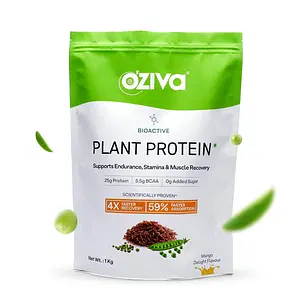 OZiva Bioactive Plant Protein (With 25g Vegan Protein, 5.5g BCAAs, 100% RDA Vitamins & Minerals, Ayurvedic Herbs) for Better Endurance, Stamina & Muscle Recovery | Mango Delight Flavour, 1Kg