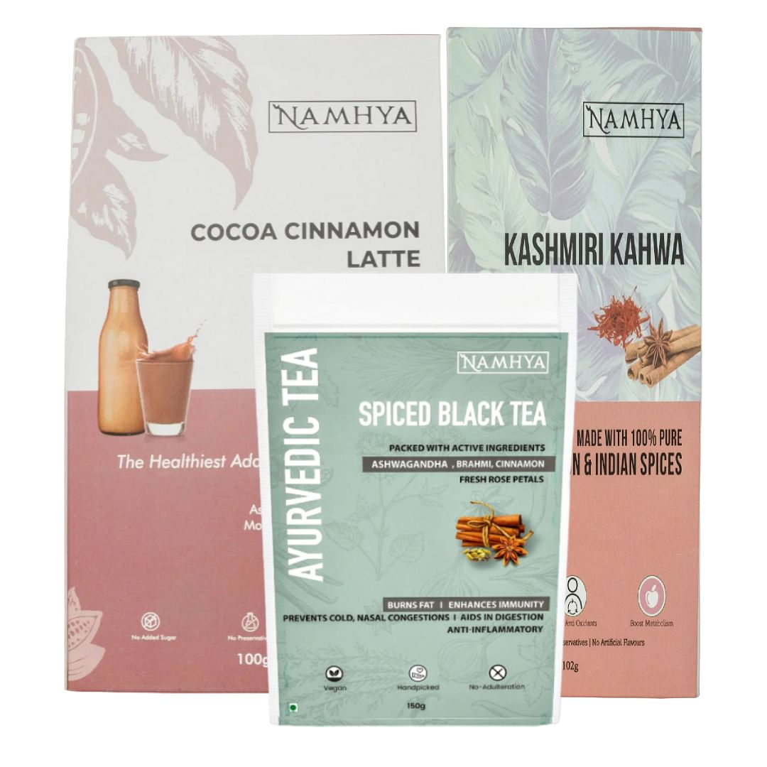 

NAMHYA Diwali Gift Pack of 3 (Ayuvedic Tea + Cocoa Cinnamon Latte + Kashmiri Kahwa) (150g X100g X 100g)