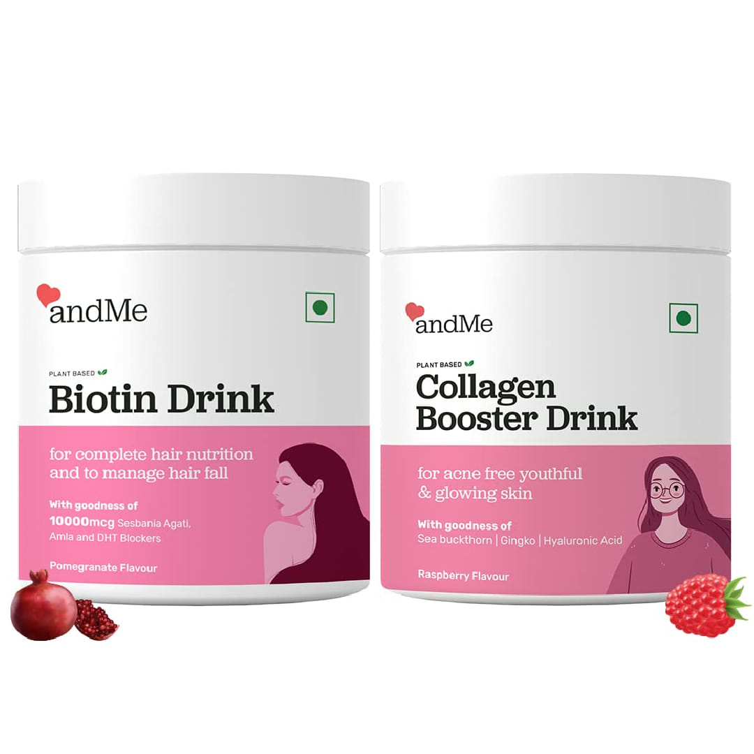 andMe Plant Based Collagen (With Sea Buckthorn) for acne free youthful and glowing skin & andMe Plant Based Biotin (with 10000 mcg Sesbania Agati Extract) for stronger hair, (Combo Pack of 250g+150g)