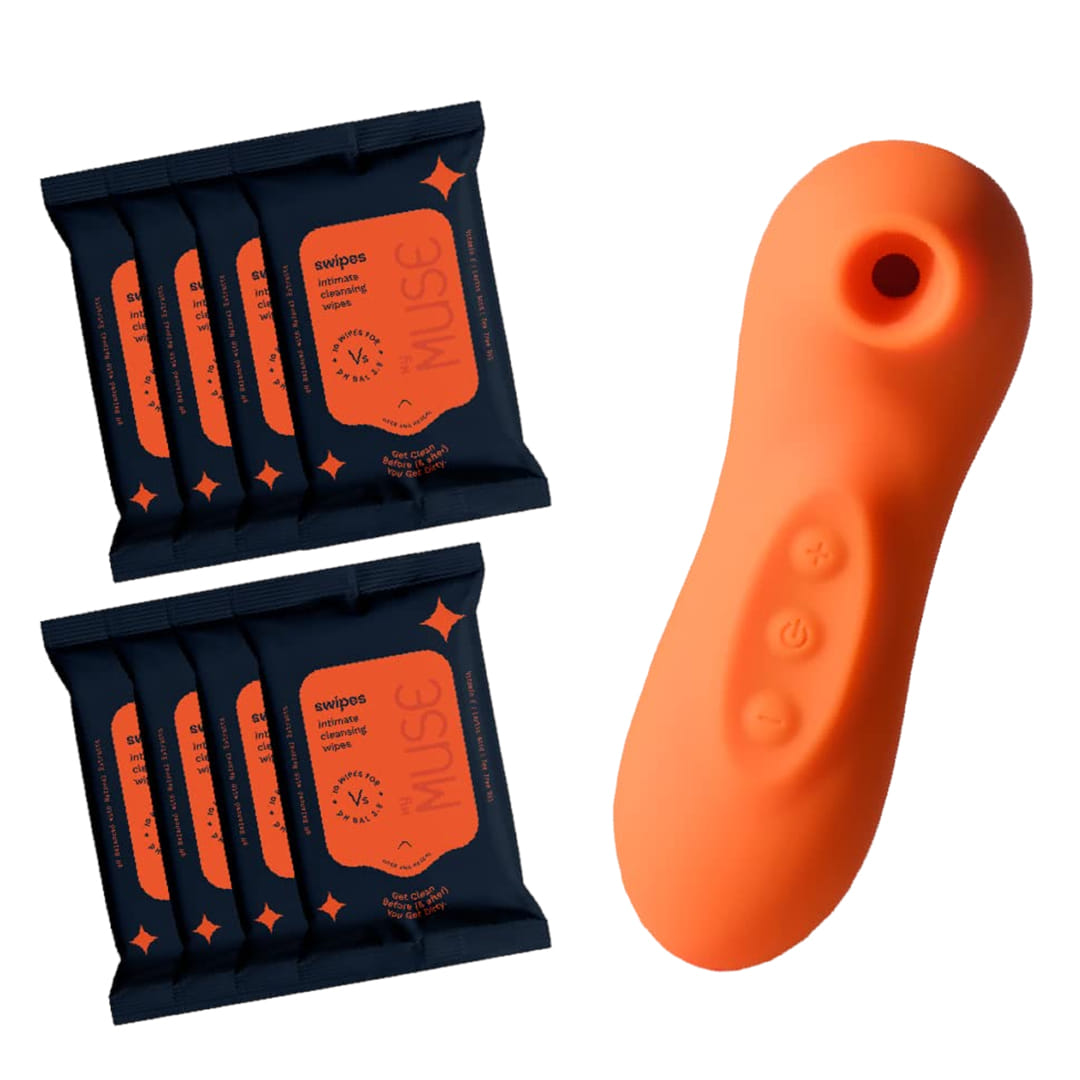 MYMUSE Combo of Breeze Personal Body Massager for Women (Flaming Tangerine) & Swipes Cleansing Wipes For Women Pack of 8 (80 Wipes)