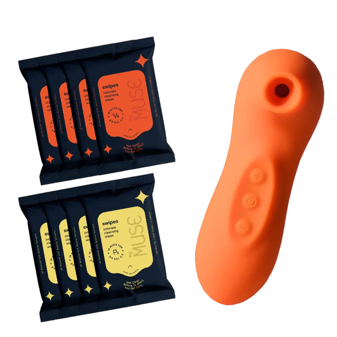 MYMUSE Combo - Breeze Personal Body Massager for Women (Flaming Tangerine) & Swipes Cleansing Wipes For Men Women Pack of 8 (4V + 4P, 80 Wipes)