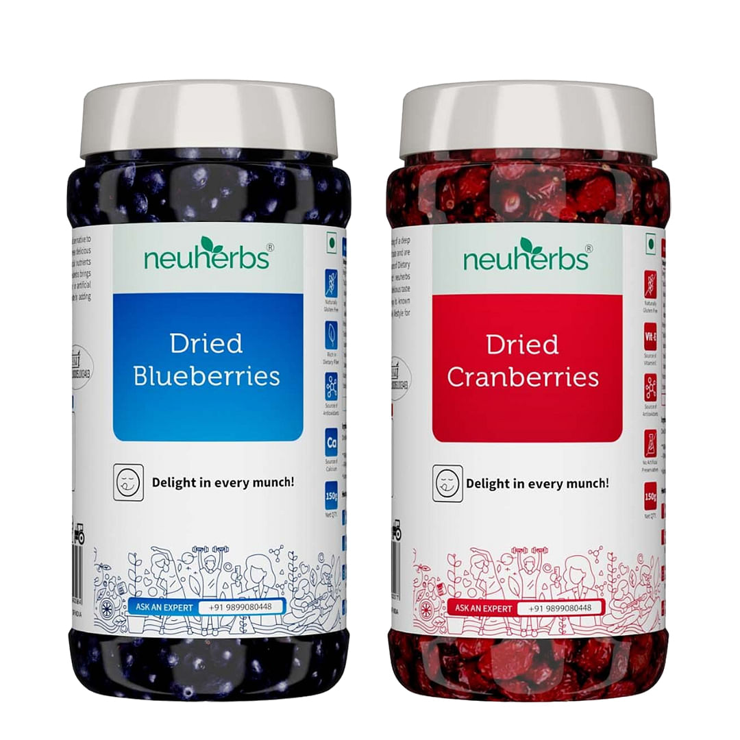 

Neuherbs Dried Berries Combo 300g (Non-GMO Cranberries 150g & Dried Blueberries 150g) - Berries Mix | Healthy Snacks | Mixed Berries