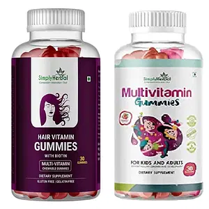 Simply Herbal Hair Vitamin Gummies with Biotin & Multivitamin Gummies for Growth & Development (Pack of 2)
