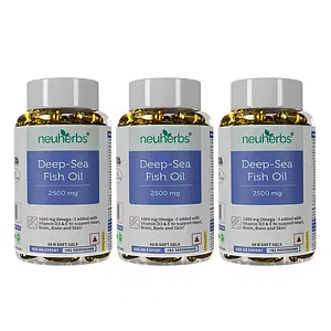 Neuherbs Deep Sea Omega 3 Fish Oil - Omega 3 Supplement Triple Strength 2500 Mg, Fish Oil softgels With No Fishy Burps with Lemon Flavour- 180 Softgel (60 Softgel Pack of 3) for Men and women