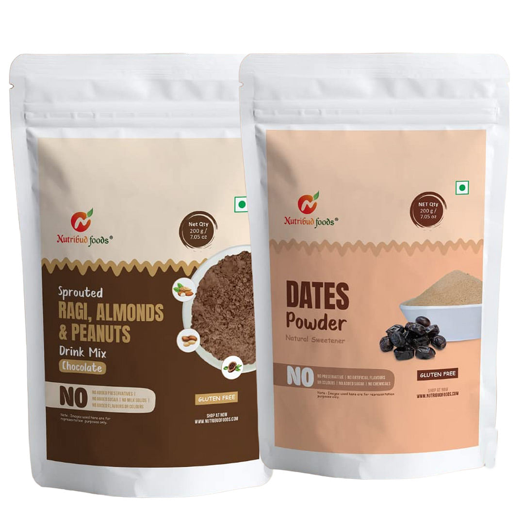 

Nutribud Foods Health Mix Combo -- Sprouted Ragi, Almonds & Peanuts Drink Mix (Chocolate) | Dates Powder -- Pack of 1 (200g) Each
