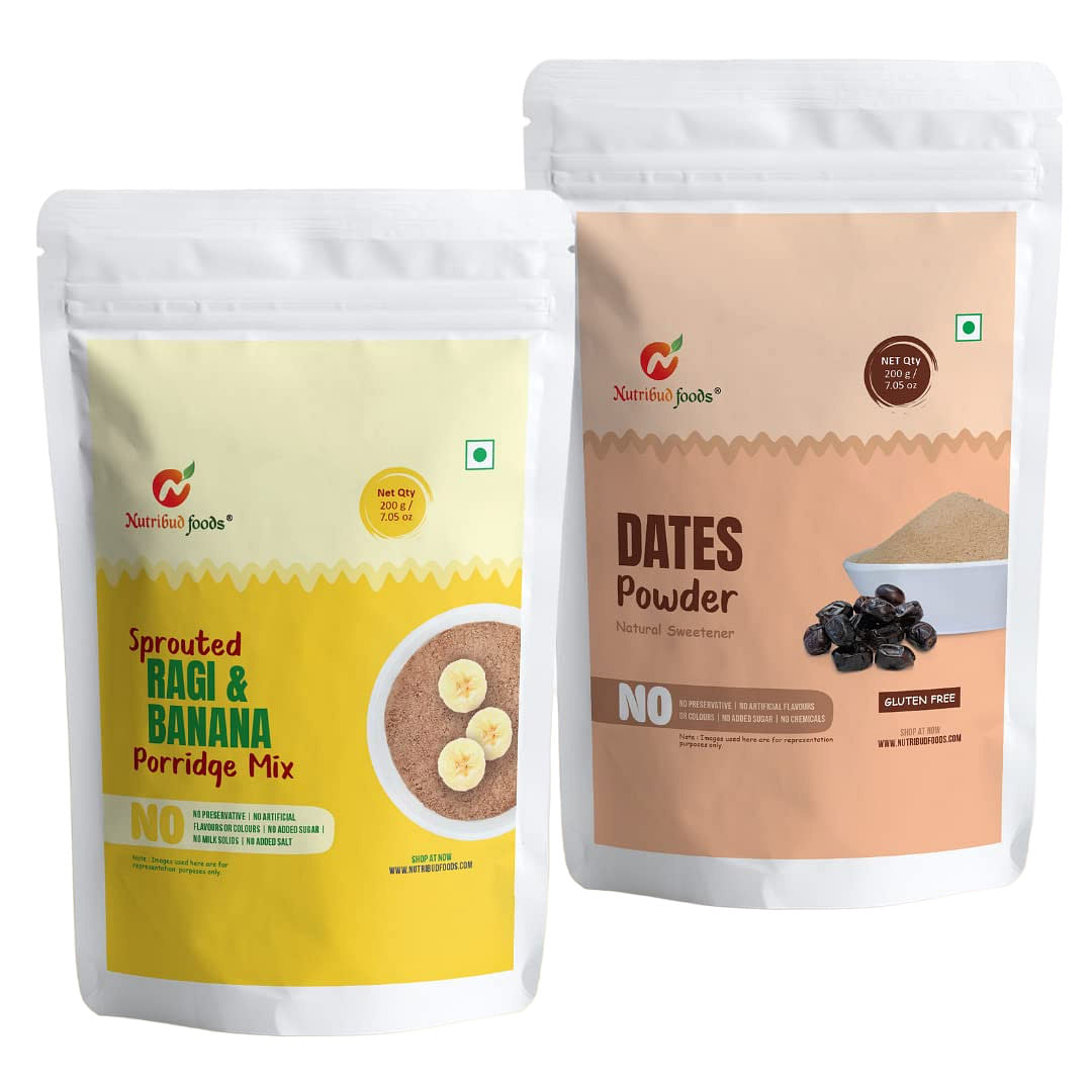 

Nutribud Foods Baby Combo - Sprouted Ragi & Banana Porridge Mix | Dates Powder - Pack of 1 (200g) Each