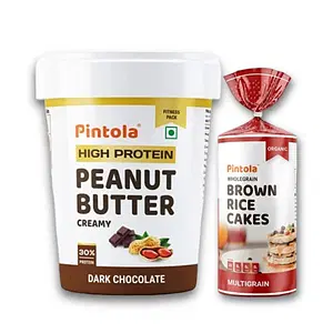 Pintola HIGH Protein Peanut Butter (Dark Chocolate) (Creamy, 1kg) & Pintola Organic Wholegrain Brown Rice Cakes - All Natural, MULTIGRAIN (Pack of 1) | 9 Wholegrain