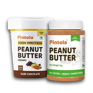 Pintola HIGH Protein Peanut Butter (Dark Chocolate) (Creamy, 1kg) | 30% Protein | High Fibre | NO Salt & Pintola All Natural Peanut Butter (Crunchy) (1kg)