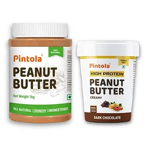 Pintola All Natural Peanut Butter (Crunchy) (1kg) & Pintola HIGH Protein Peanut Butter (Dark Chocolate) (Creamy, 510g) | 30% Protein | High Fibre | NO Salt