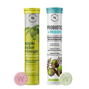 Wellbeing Nutrition Apple Cider Vinegar & Probiotic + Prebiotic Combo Effervescent Tablets Pack For Digestion, Gut Health, Metabolism and Skin Glow