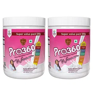 Pro360 Women Protein Rich Nutritional Supplement Enriched Calcium, Iron for Stronger Bones and Improved Haemoglobin – 25 Essential Nutrients with Evening Primrose – Butterscotch (500+500)g Pack of 2