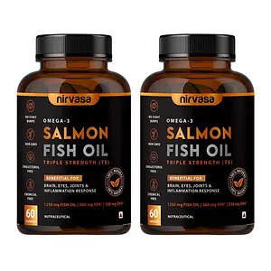 Nirvasa Salmon Fish Oil Triple Strength Softgel Capsule, for Healthy Heart, Brain and Eyes, enriched with Fish Oil 1250mg, EPA 560 mg & DHA 400 mg, Easy to swallow and No Fishy Burps, 2B (2 X 60 Capsule)
