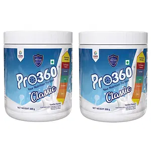 Pro360 Classic Daily Wellness Nutritional Protein Health Drink Supplement Powder for Men and Women - Instant Beverage Mix - (200+200)g Vanilla Pack of 2