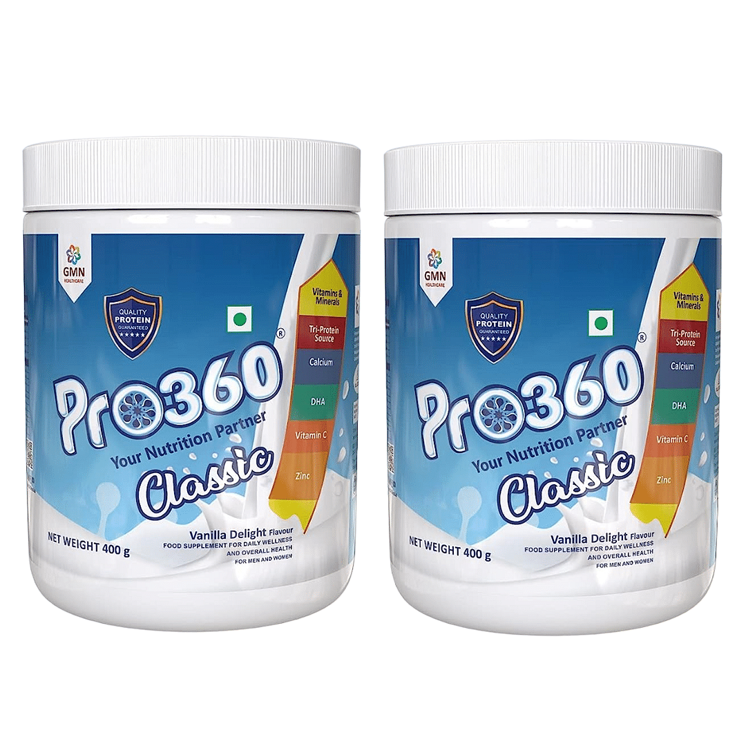 

Pro360 Classic Daily Wellness Protein Health Drink Family Nutrition Supplement Powder for Men and Women - (400+400)g (Vanilla Delight) Pack of 2