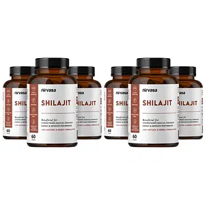 Nirvasa Pure Shilajit + Capsule, for Performance, Vigour & Vitality, enriched with Shilajit, Safed Mulsi, Aswagandha and Kaunch Beej Extract, Veg Capsules, 6B (6 X 60 Capsules)