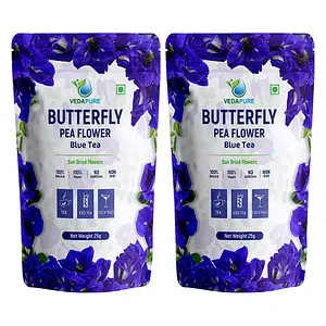 VEDAPURE Blue Butterfly Pea Flower Tea for skin glow, weight loss and Brain Health (25 Gm) | 100% Organic | Steep as Hot or Iced | Caffeine Free (50 Cups) (Pack of 2)
