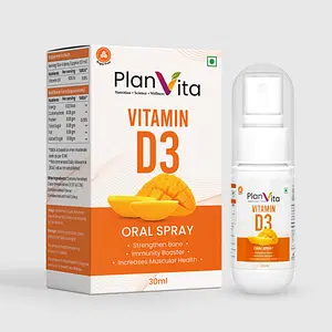 PLANVITA Vitamin D3 Oral Spray Supplement | Vitamin D3 Booster Oral Spray | 100% Vegetarian | Sugar and Gluten Free | Immunity Booster Spray for Men and Women | Mango Flavour - 30ml