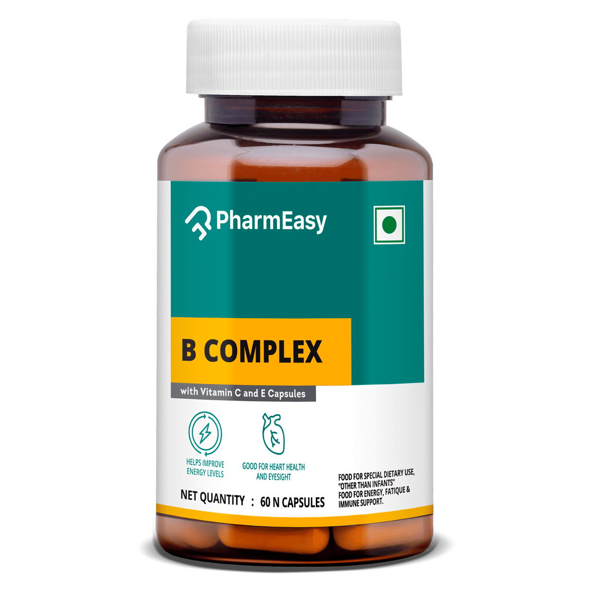 

PHARMEASY VITAMIN B COMPLEX WITH FOLIC ACID - IMPROVES ENERGY - HEART & EYE HEALTH - BOTTLE OF 60