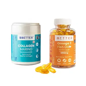 BBETTER Combo Pack Of Omega 3 Fish Oil capsules and Marine Collagen Powder | Combination for Glowing Skin, Stronger Hair & Nails | Omega 3 Fish Oil and Collagen Supplements for Women & Men