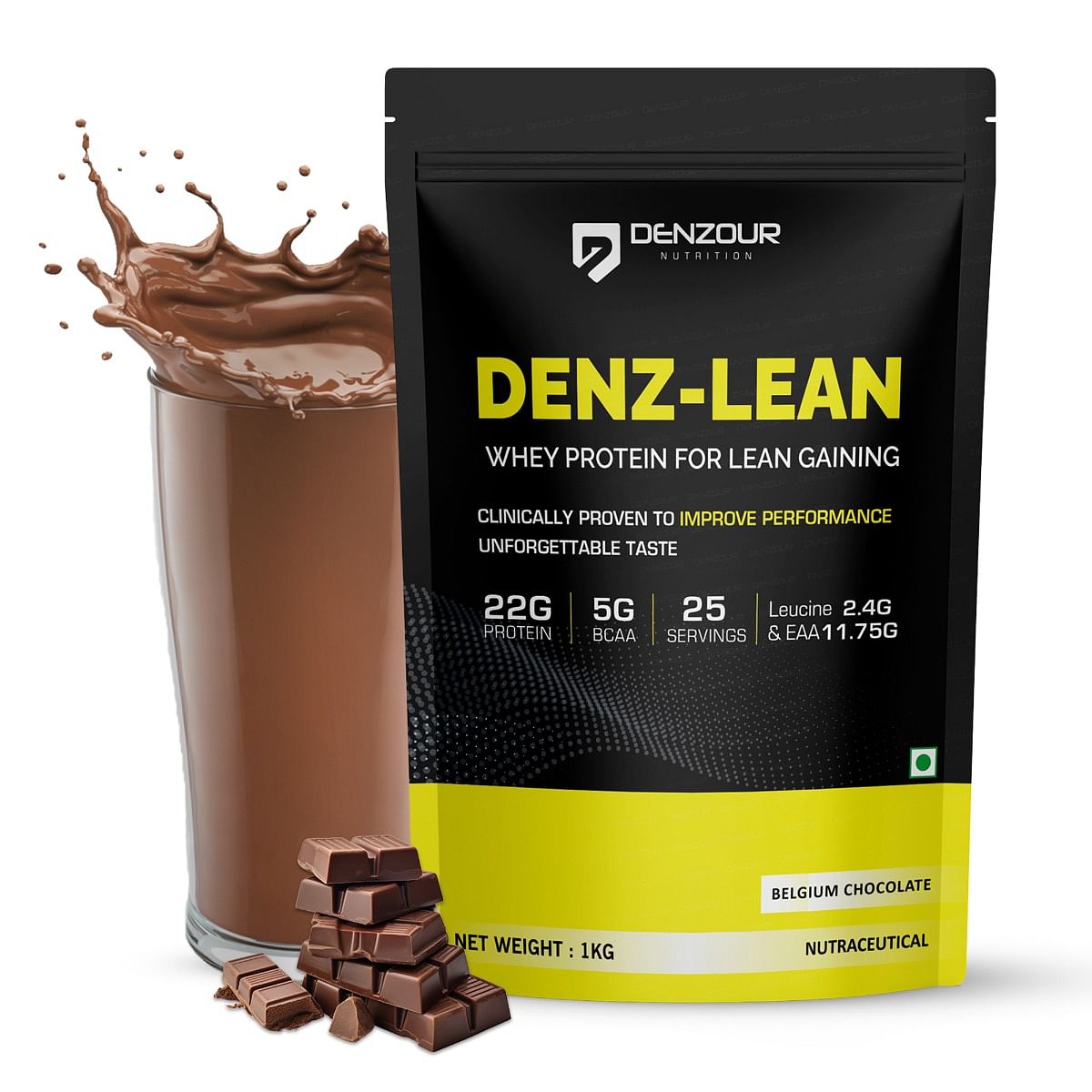 

Denzour Nutrition Denz-Lean Whey Protein with 25g Protein with 5g BCAA to Lean Muscle Mass & Improves Performance, 1Kg, Belgium Chocolate