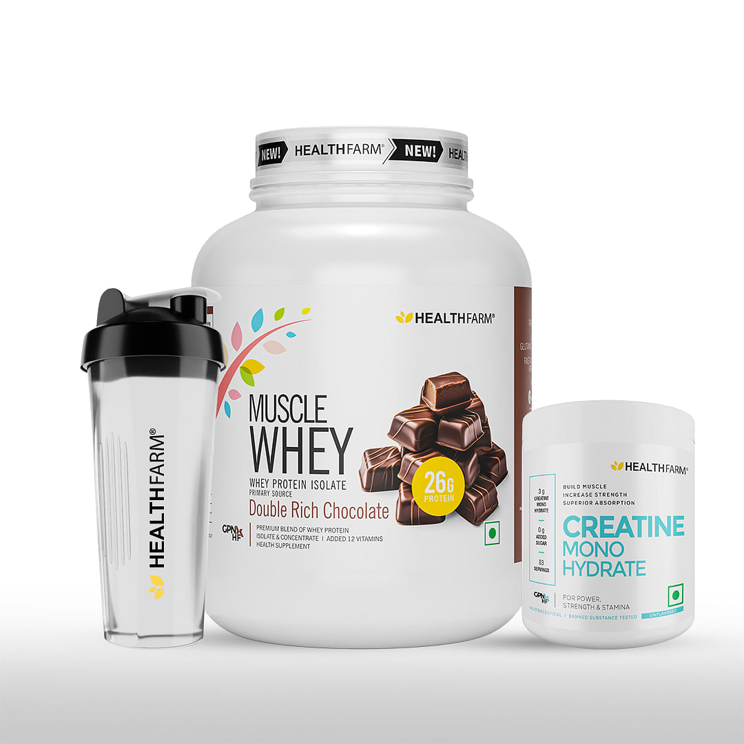 

HEALTHFARM Best Selling Combo (Muscle whey Protein 2kg Double Rich Chocolate + Creatine 250gms+ Plastic Shaker )