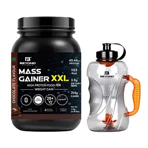 Beyond Fitness Mass Gainer XXL Protein Powder, Weight and Muscle Gainer, 49.44g Protein, 214g Carbs, 3.9g Dietary Fibre, 1,000+ Calories, Chocolate,1 Kg ( 2.2 lb)  with 1.5ltr Gallon Shaker