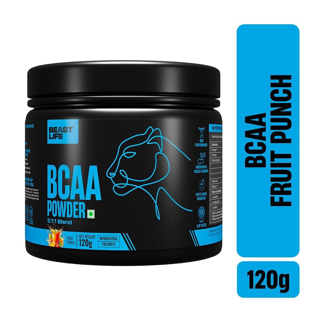 BeastLife High recovery BCAA Fruit Punch Flavour | 2:1:1 Blend 120g, Unleash your energy, Premium Sports Nutrition, High absorption recovery powder for Men & Women (Fruit Punch)