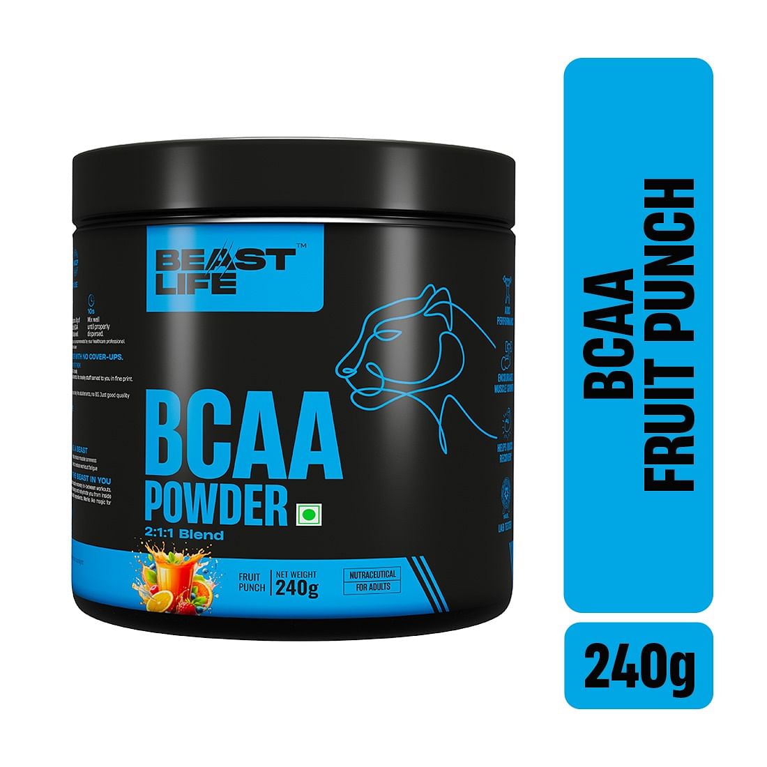 

BeastLife High recovery BCAA Fruit Punch Flavour | 2:1:1 Blend 240g, Unleash your energy, Premium Sports Nutrition, High absorbtion recovery powder...