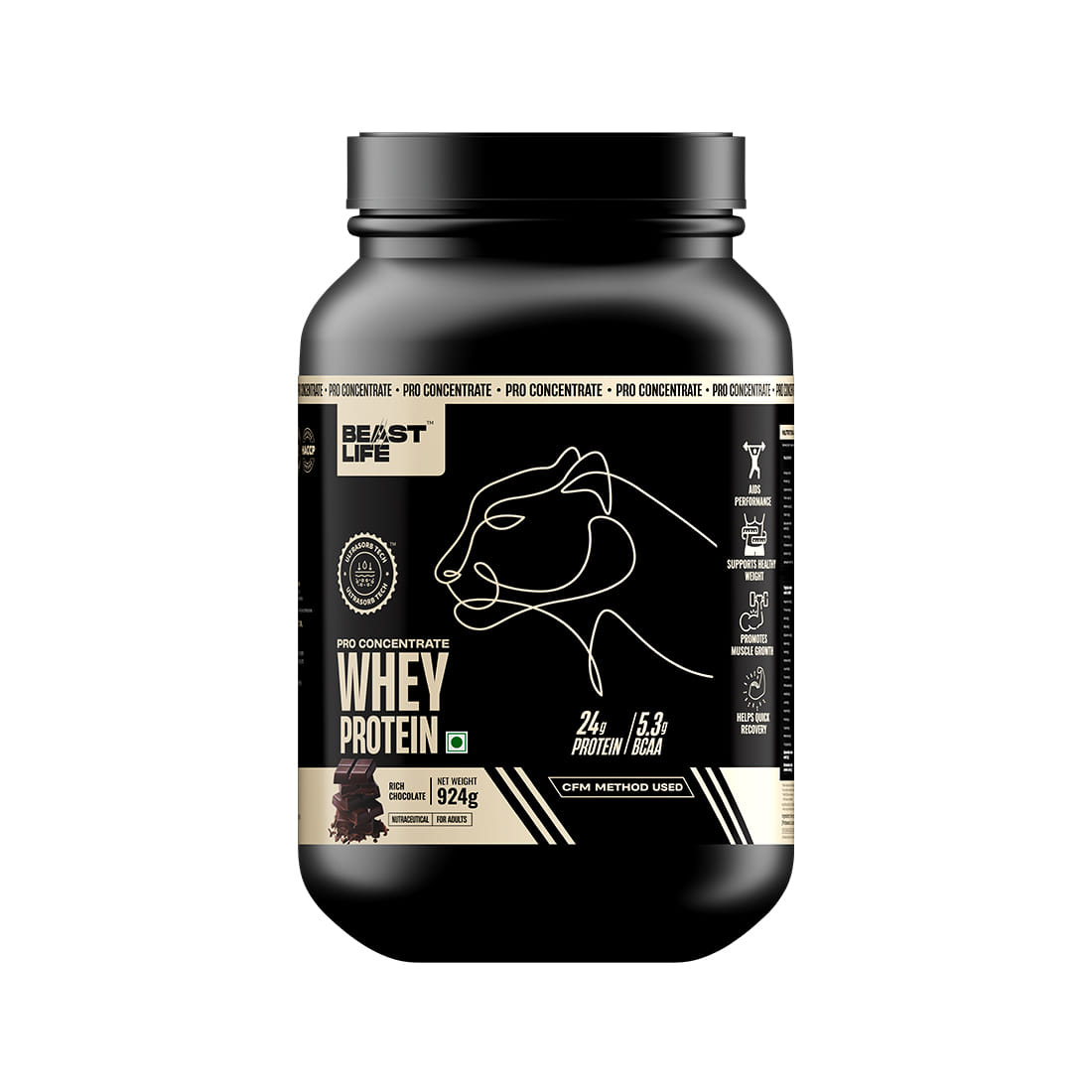 BeastLife Pro Whey Protein Chocolate flavour | 924g, 24g Protein 5.3g BCAA per scoop | Premium Sports Nutrition | High Absorbtion Fuels Muscle| Speed Recovery-image-47