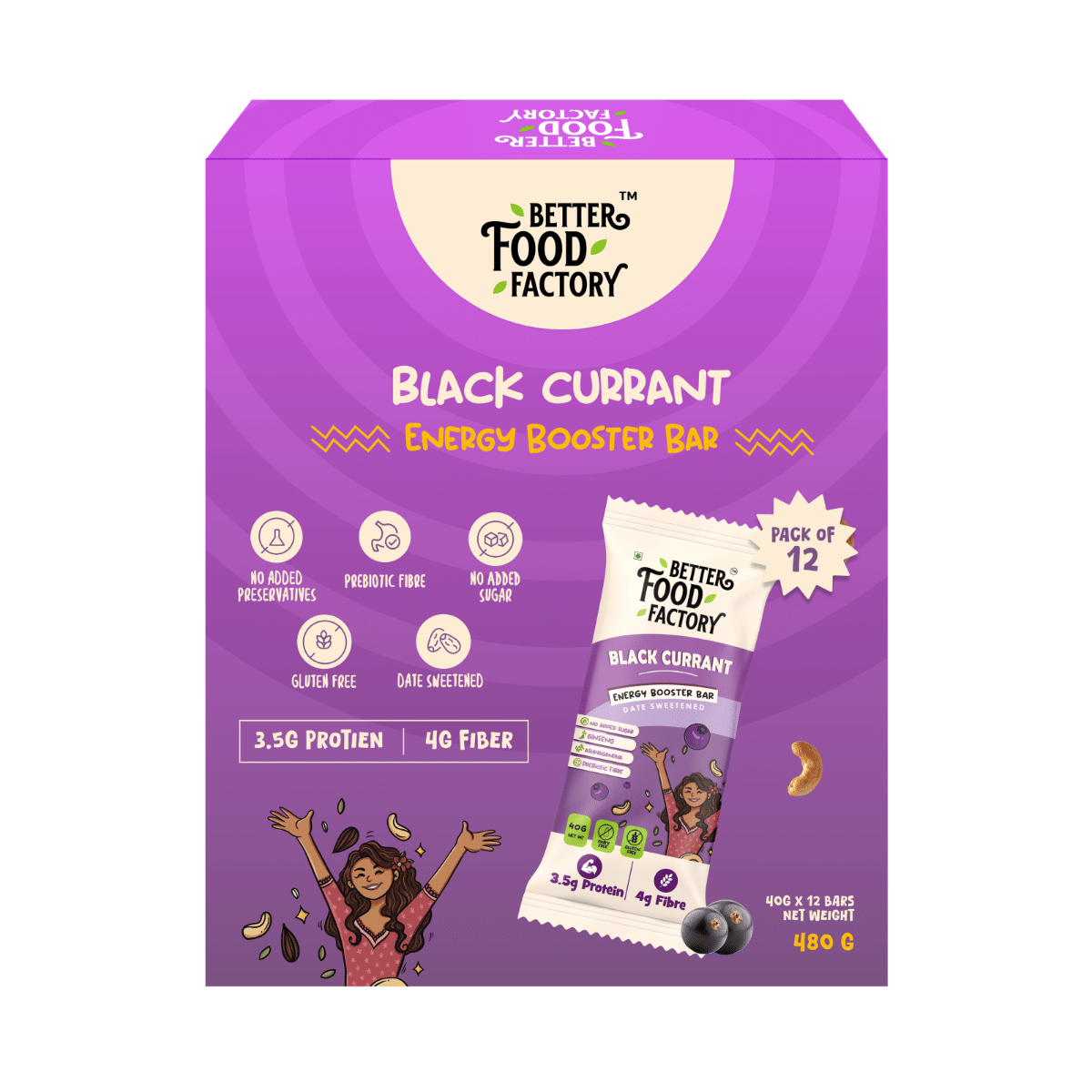 

Better Food Factory Black Currant Energy Booster Bar Bar Pack of 12