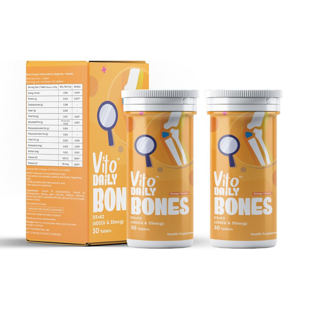 

Vito Daily Bones - Vitamin D3 + K2 Flavoured Mints for Strong Bones, Energy, Immunity, and Muscle Health (1 per Day, Pack of 2)