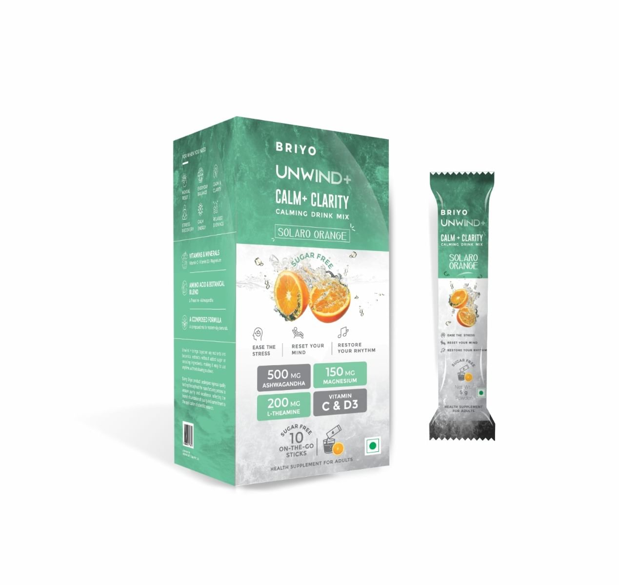

Briyo Unwind+ | Relaxation & Stress Relief Drink Mix With L-Theanine, Ashwagandha, Vitamin C, D3 & Magnesium | Natural Orange Flavor - 10 x 5g