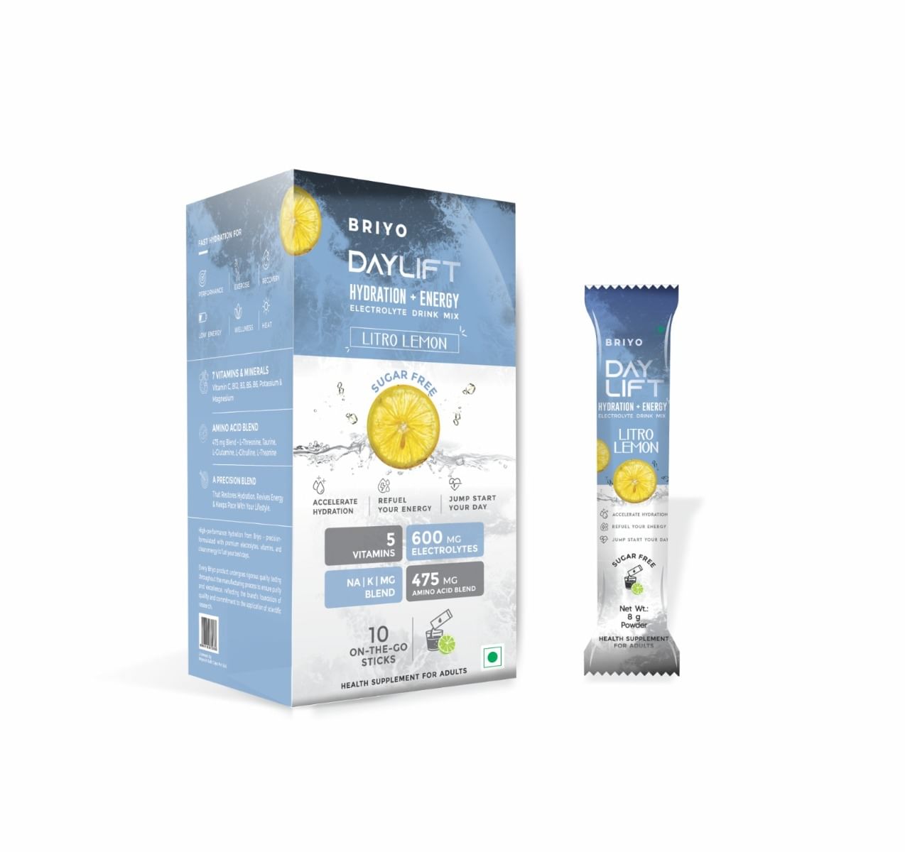 

Briyo Hydration + Energy Electrolyte Drink Mix Sachets – Litro Lemon Flavor | Daily Hydration, Recovery & Refreshing Energy Boost -10 x 8g