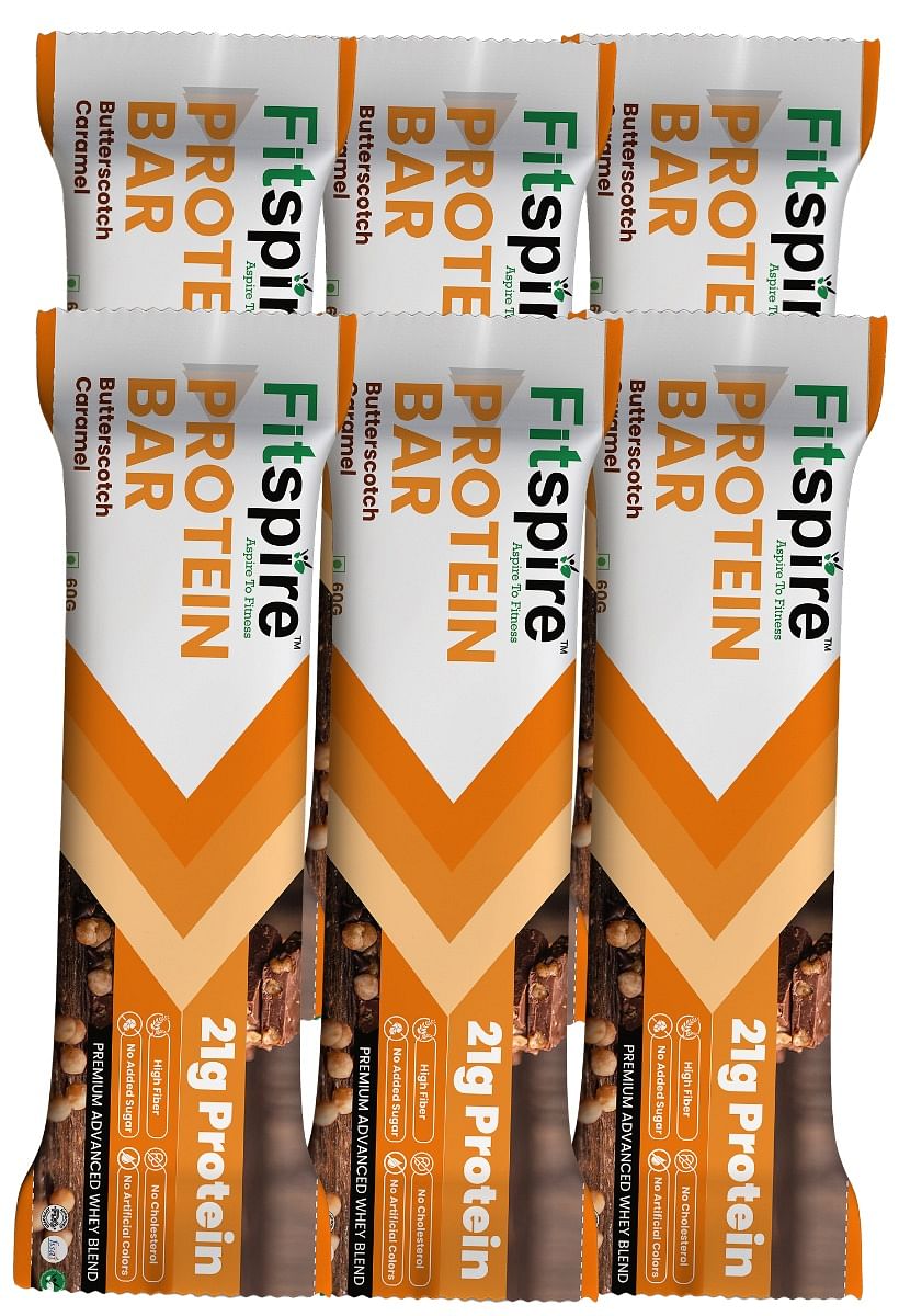 

Fitspire Protein Bar - Butter scotch Caramel, 60gm Pack of 6 | with 20.5 gm Whey Blend Protein | protein bars for muscle gain, Hunger Satisfaction...