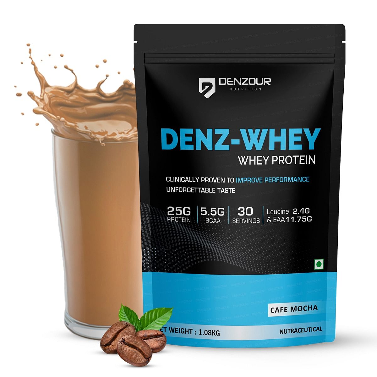 

Denzour Nutrition Denz-Whey Protein with 25g Protein, 5.5g BCAA & 11.75g EAA for Muscle Support & Recovery - 1Kg, Café Mocha