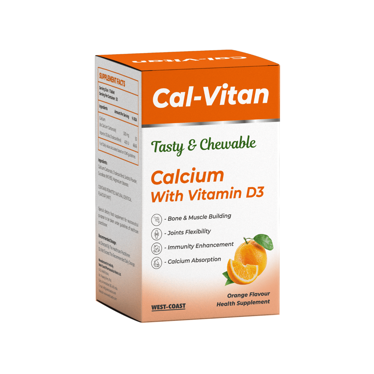 Westcoast Cal-Vitan Pharma DMF Grade Calcium 500mg + Vitamin D3 Chewable 30 Tablet, 100% RDA Sugar-Free for Bone Strength, Muscle Support & Growth. Men/Women